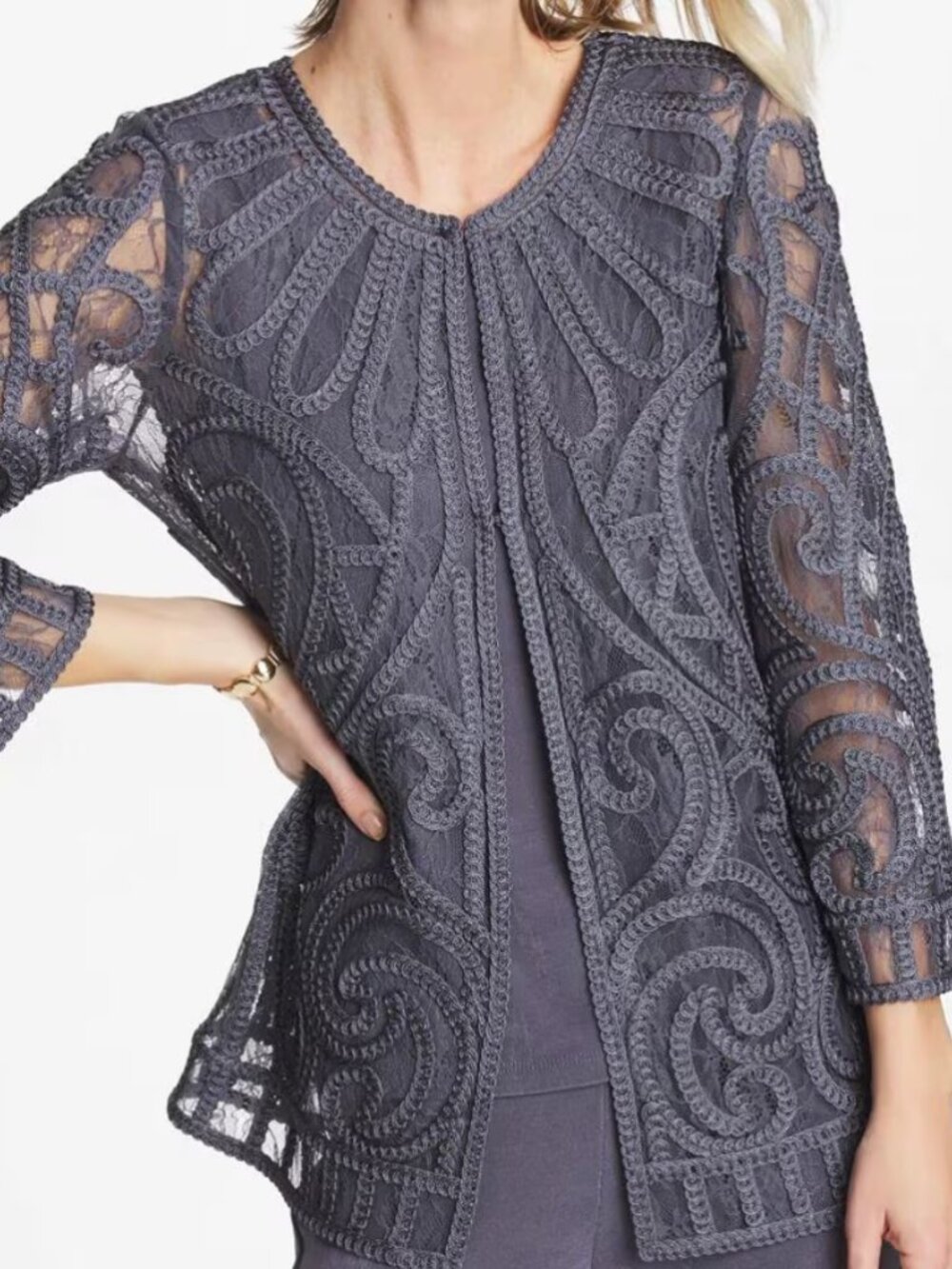nwt CHICO'S short embroidered lace jacket 1 medium in soft slate